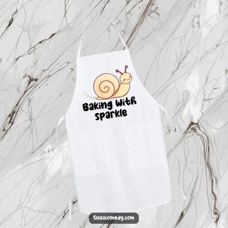 Cute kawaii snail leaving a shimmering glitter trail on a practical apron, for a charming cook.