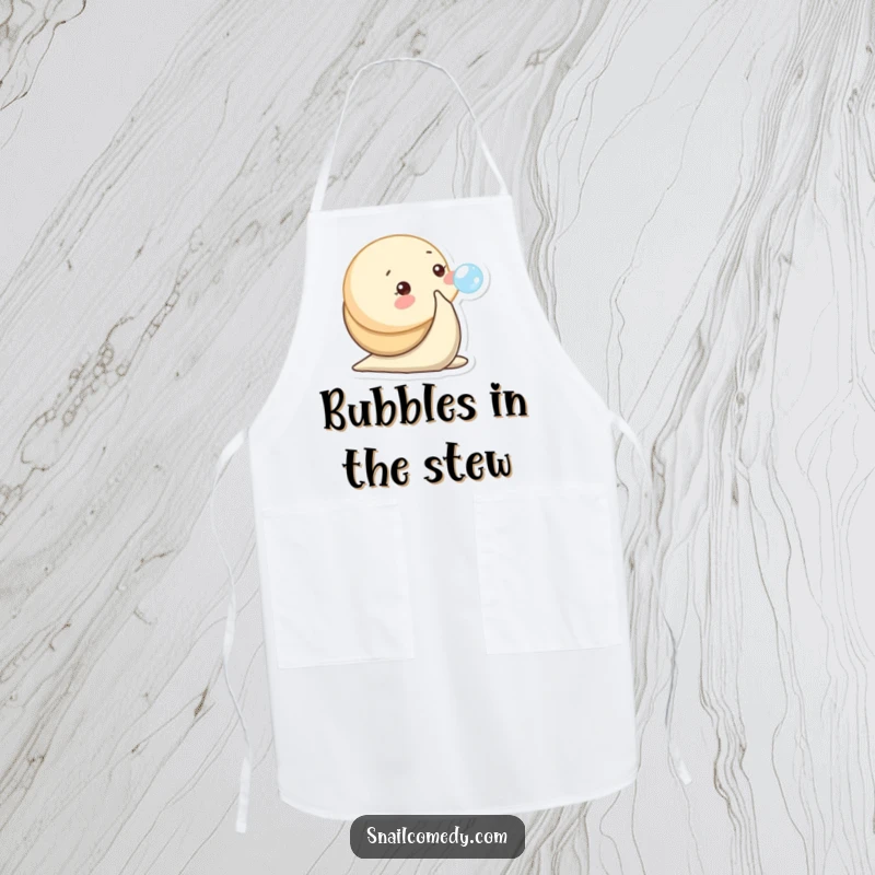 Funny apron with a baby snail character playfully blowing a tiny bubble, adding cute charm.