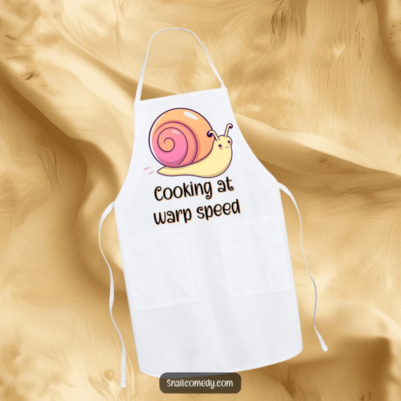 Funny kawaii snail apron, a snail with a rainbow shell zooming, ready for kitchen adventures.