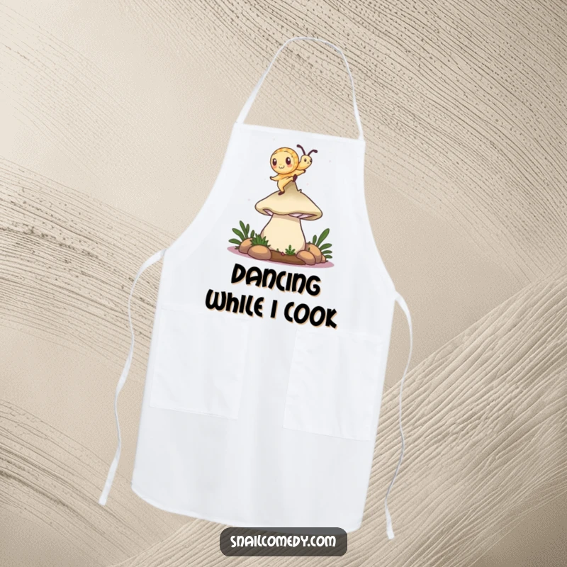 Funny snail apron with a snail dancing on a mushroom cap, a humorous and practical kitchen accessory.