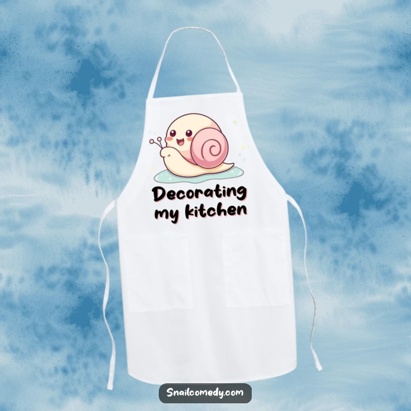 Funny kawaii snail apron with a happy snail creating a sparkling slime trail, perfect for adding humor to cooking activities.