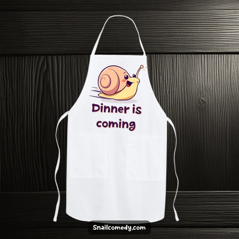 Excited kawaii snail zooming forward with surprising speed on a practical apron, for a speedy cook.