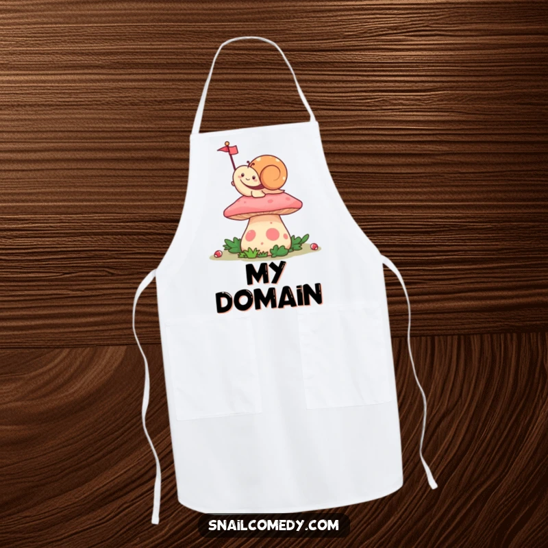 Funny Waving Kawaii Snail Apron, happily waving a tiny flag from atop a colorful mushroom, designed for humorous and festive kitchen activities.