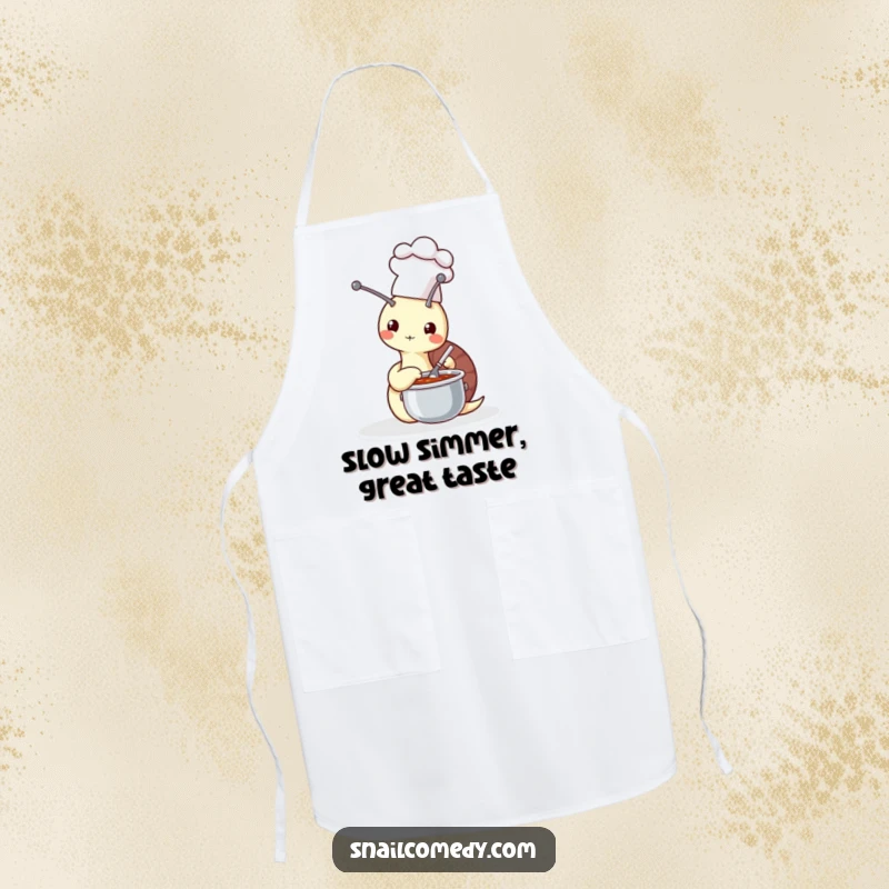 Funny snail chef stirring soup on a functional apron, perfect for kitchen duties with a humorous touch, a brilliant funny gift.