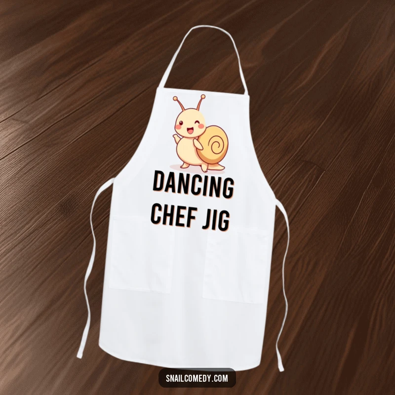 Funny snail apron depicting a joyful snail dancing a jig with wiggling antennae, ideal for a fun cooking experience.
