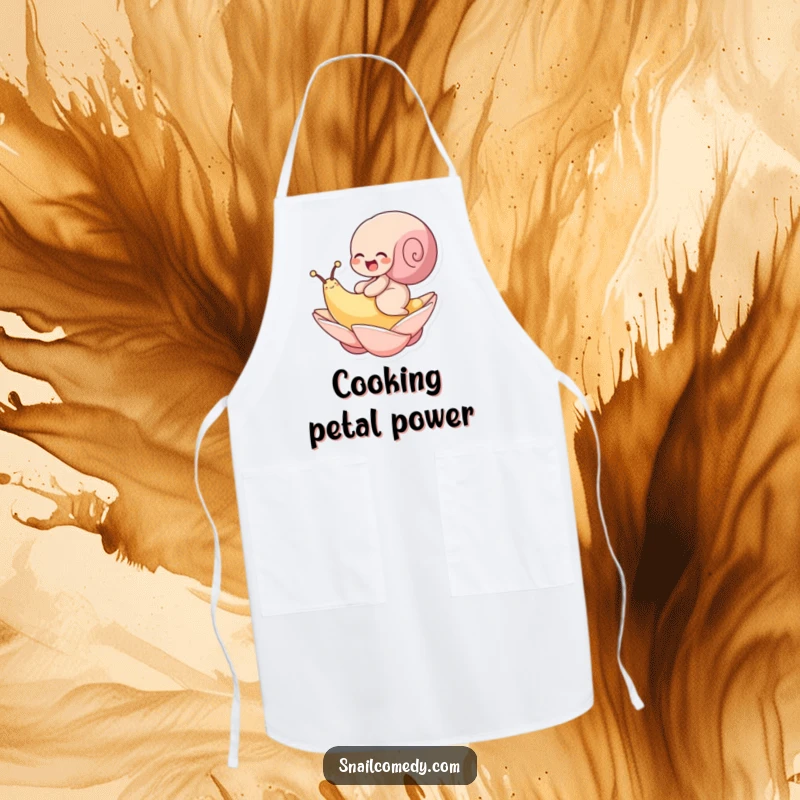 Funny apron featuring a snail giggling while riding a floating petal. A cheerful kitchen accessory.