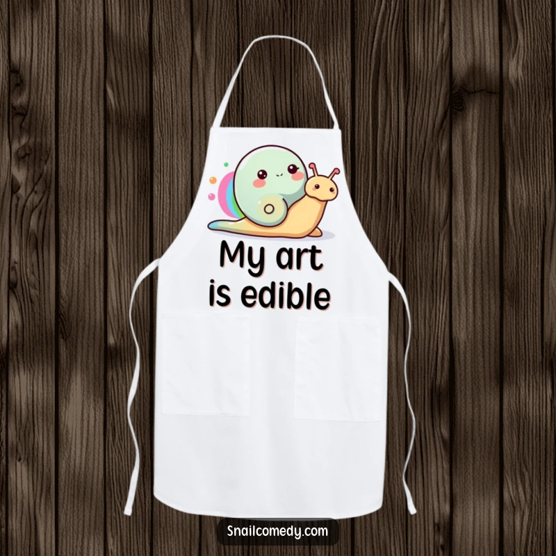 Funny Snail Apron depicting a happy snail painting a rainbow with its colorful slime trail, perfect for kitchen creativity.