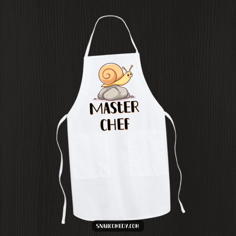 Funny cooking apron with a kawaii snail impressively leaping over a small pebble, perfect for a giggle chef.