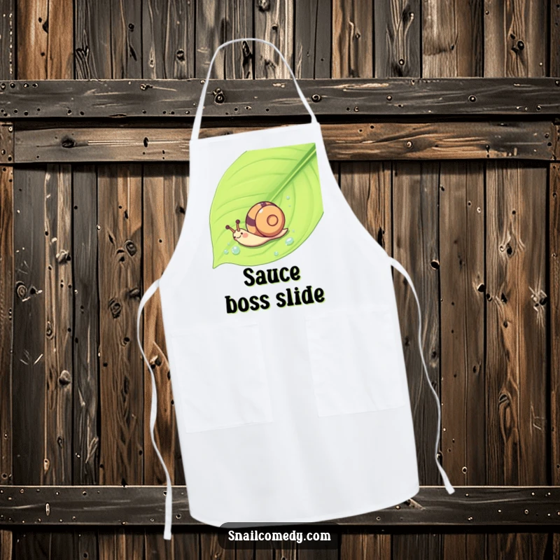 Funny Kawaii snail sliding down a leaf on a chef’s apron, implying playful kitchen protection.