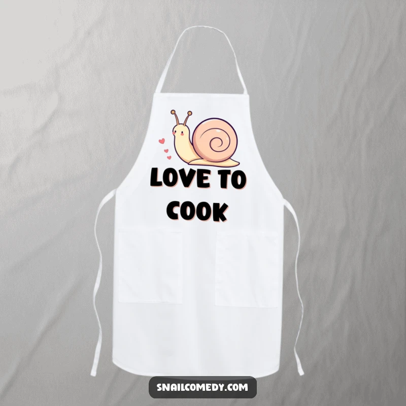 Funny Kawaii snail apron showing a cute snail playfully leaving a trail of little hearts as it moves, perfect for kitchen joy.