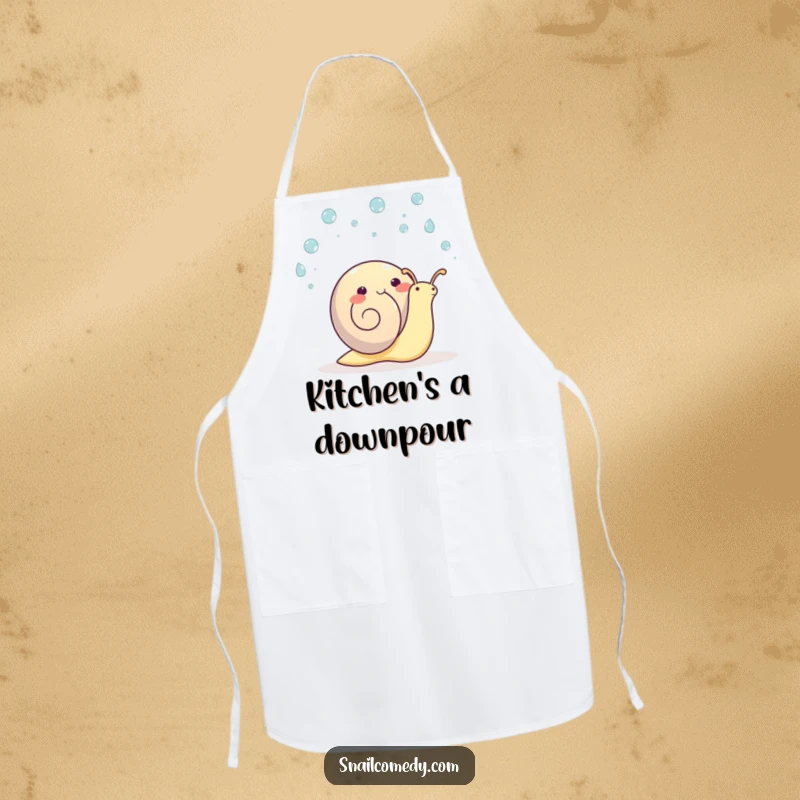 Funny kawaii snail apron, a happy snail juggling raindrops, ready for kitchen cheer.