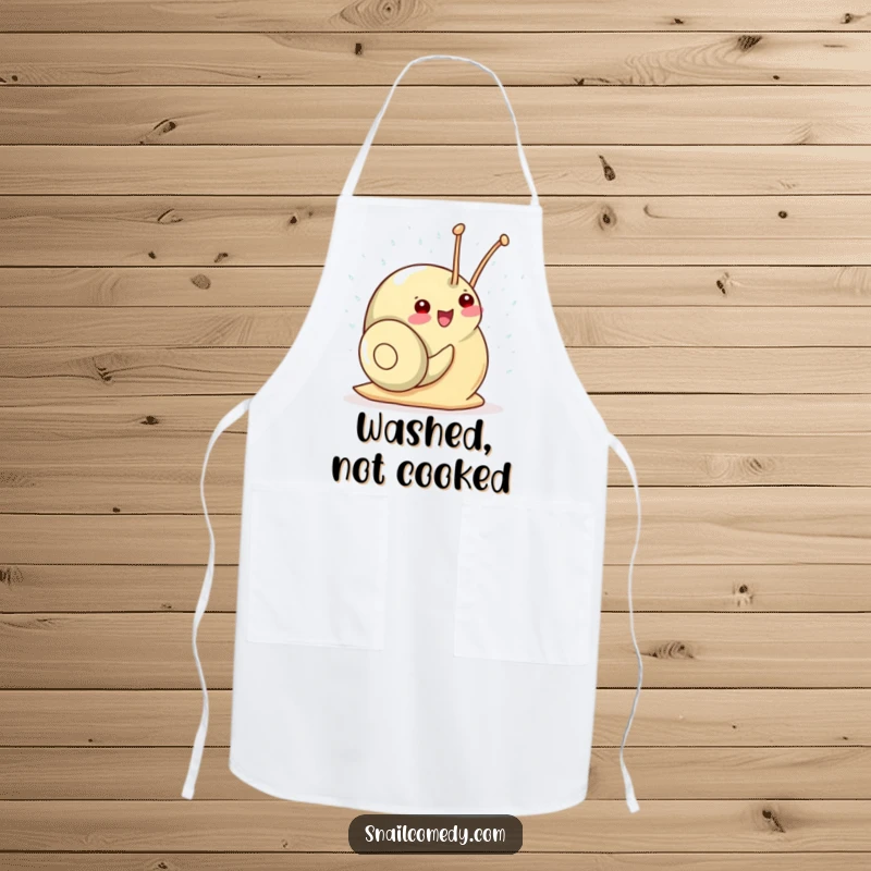 Funny Kawaii Snail Apron: A delighted snail gleefully showers in sparkling raindrops, making kitchen tasks joyful and fun.