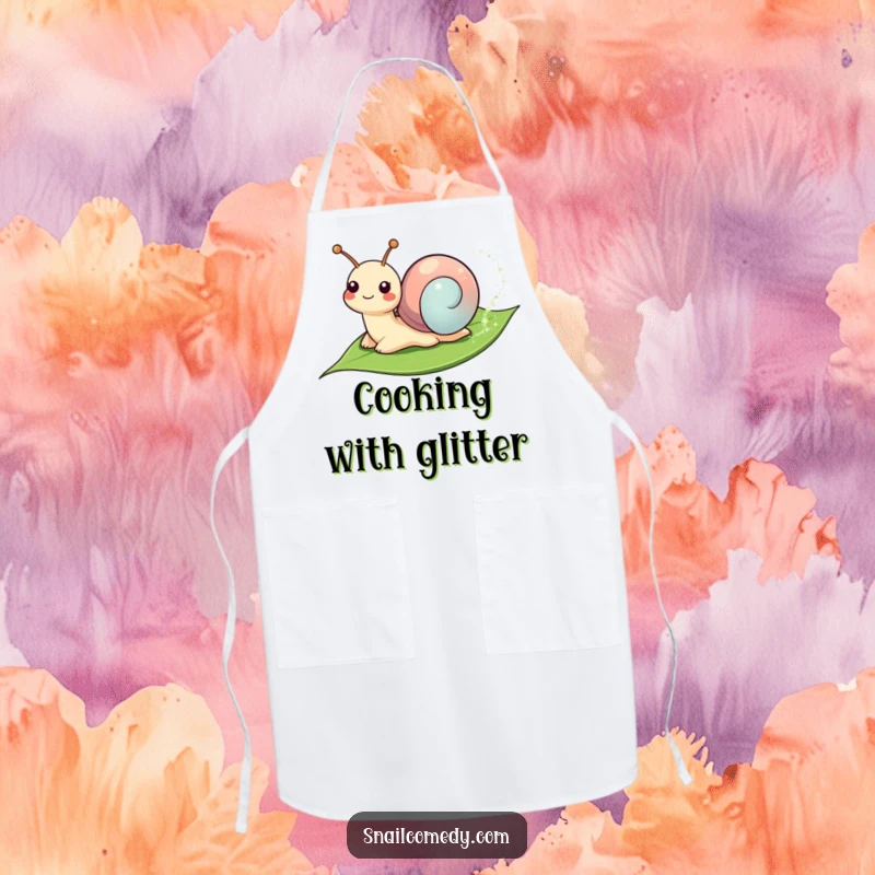 Funny Apron: Smiling snail leaving a sparkly trail on a leaf, ideal for kitchen use and adding magical humor.