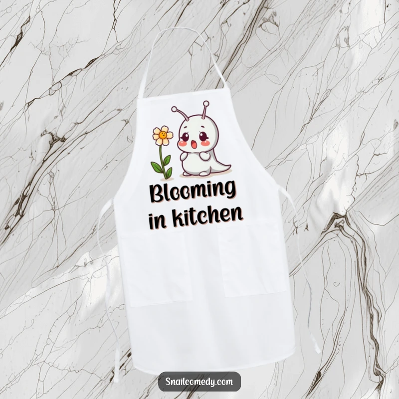 Funny kitchen apron with a surprised snail character and a giggling flower, great for cooking gifts.