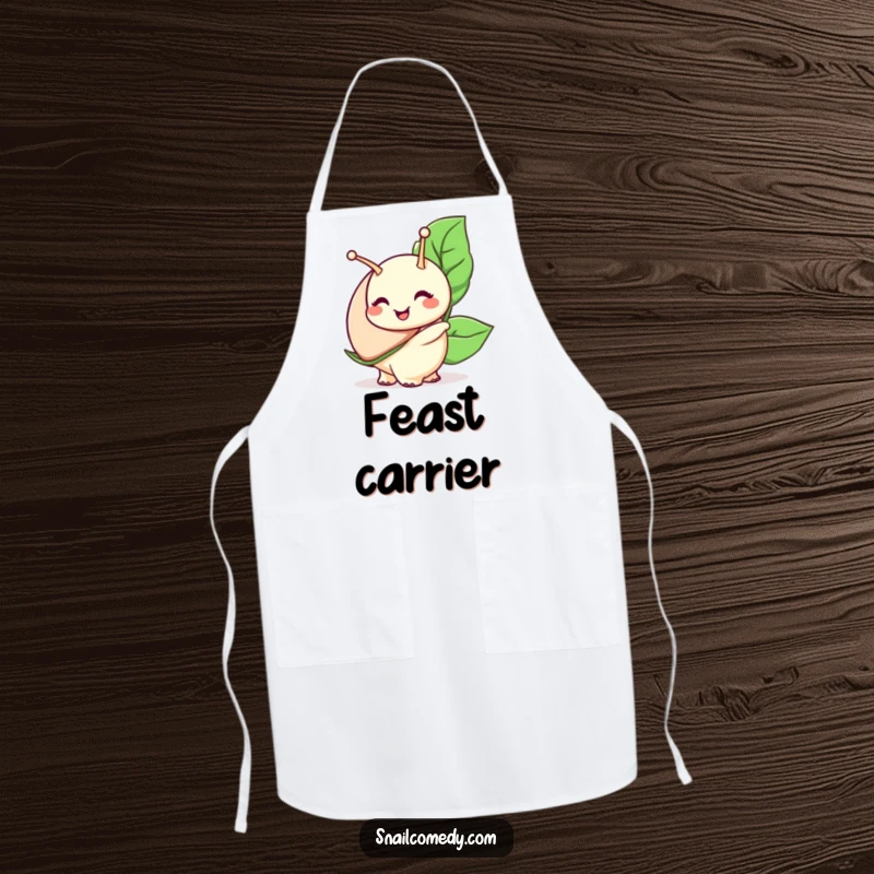 Funny snail apron, a snail character with a wide smile carries a large leaf, ideal for kitchen protection and humor.