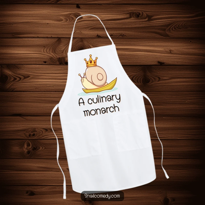 Funny Snail Apron showing a snail with a tiny crown sailing on a leaf, perfect for kitchen duties.