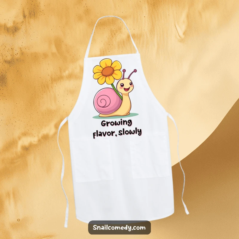 Funny apron with a snail character joyfully carrying a large, colorful flower, adding cheer.