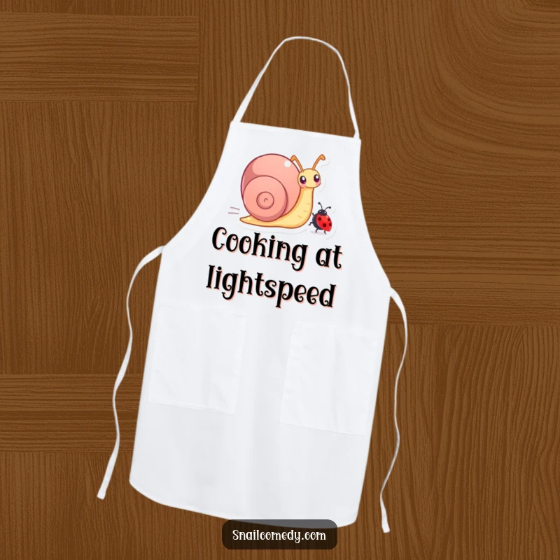Funny apron featuring a snail character in a joyful race against a tiny ladybug, perfect for kitchen fun.