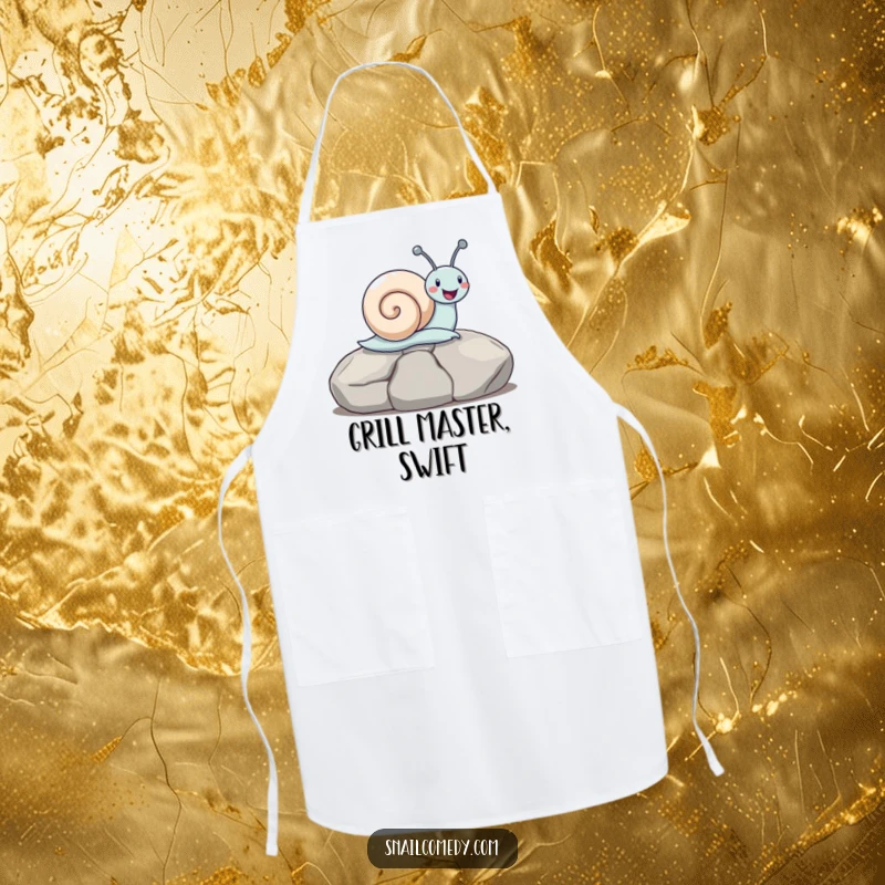 Funny snail sliding down a stone on a functional apron, perfect for kitchen tasks with a humorous, joyful flair, a brilliant funny gift.