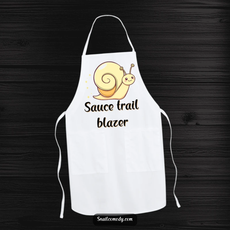 Funny Apron with a gleeful snail character joyfully sliding, leaving a shiny, sparkly trail.