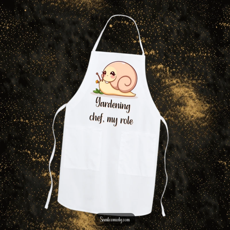 Funny playful snail nudging a tiny flower bud with its head on a durable apron, a sweet funny gift.