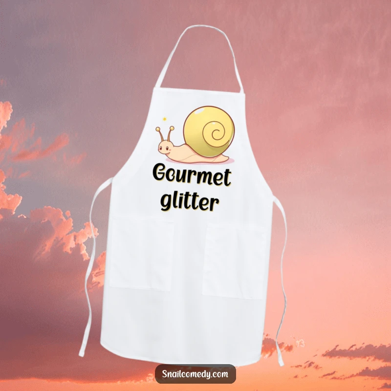 Funny snail apron, a snail character joyfully leaves a shimmering trail, ideal for kitchen protection and humor.