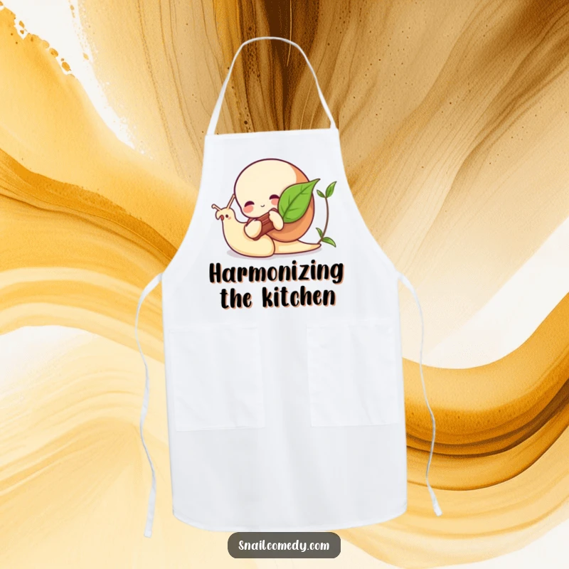 Funny snail apron with a snail playing a leaf like a tiny instrument, a humorous and practical kitchen accessory.