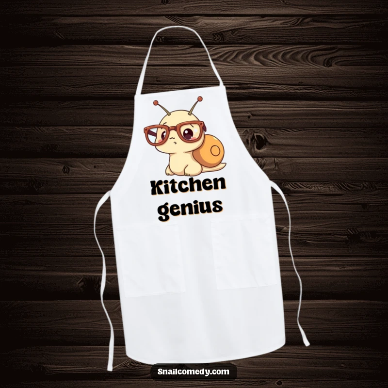 Funny cooking apron with a kawaii snail wearing oversized glasses and a comically surprised expression.