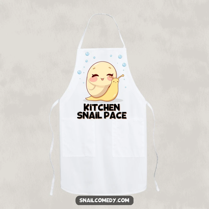 Funny apron featuring a whimsical snail winking while juggling tiny, glistening dewdrops, perfect for a humorous cooking or crafting experience.