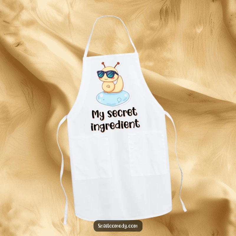 Funny apron featuring a snail character wearing sunglasses, happily floating on a water drop, for kitchen cool.