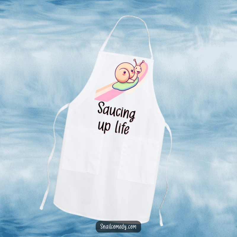 Funny snail apron featuring a joyful snail sliding down a rainbow, perfect for kitchen fun and as a humorous gift.