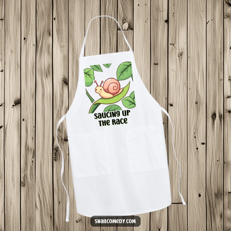 Funny snail character energetically sliding down a slippery leaf, printed on a functional apron, perfect for a humorous cooking experience.
