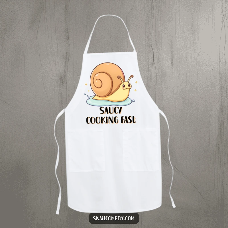 Funny Apron: An excited snail zips along, leaving a trail of sparkling slime, bringing a humorous and energetic vibe to kitchen wear.