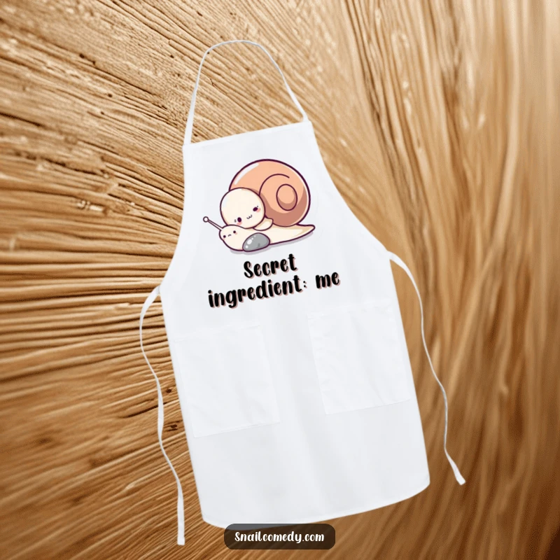 Funny apron featuring a shy snail character hiding behind a pebble, adding a touch of playful charm to kitchen duties.