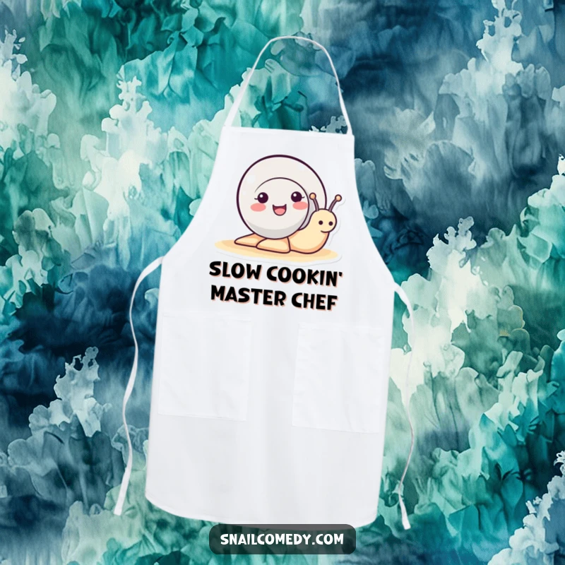 Funny cute snail peeking its head out of its shell, smiling encouragingly on a practical apron, an excellent funny gift.