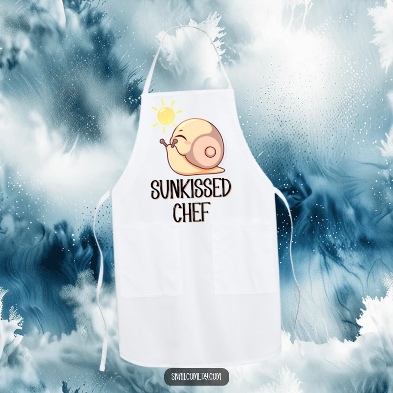 Funny apron featuring a content snail character basking in a sunbeam, eyes closed peacefully, perfect for cooking and quiet moments.