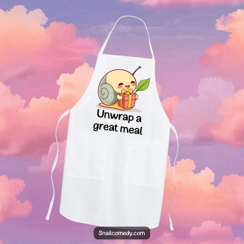 Funny snail unwrapping a leaf present on a functional apron, perfect for kitchen tasks with a humorous, festive flair, a brilliant funny gift.