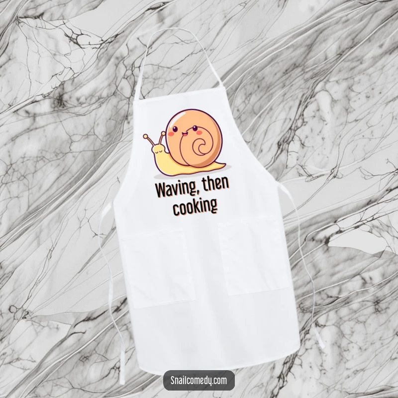 Funny Kawaii snail giving an enthusiastic antenna wave on a kitchen apron, bringing cheer.