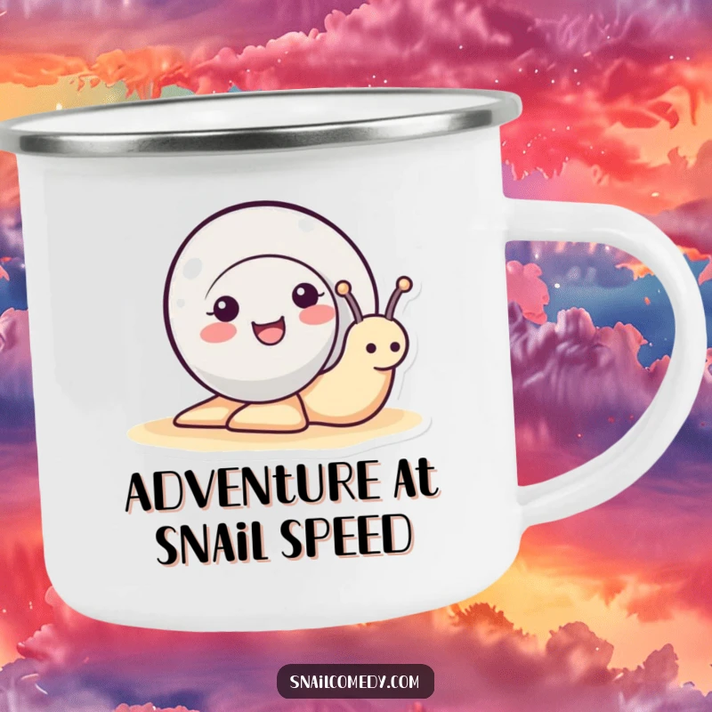 Funny cute snail peeking its head out of its shell, smiling adventurously on a rustic camping mug, a delightful funny gift.