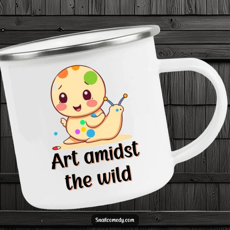 Funny snail camping mug showing a snail painting a colorful dot, durable and amusing for outdoor excursions.