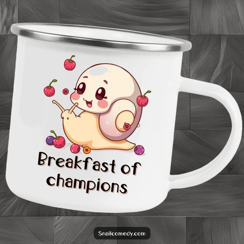 Funny snail camping mug showing a snail juggling berries with its eye stalks, durable and amusing for outdoor excursions.