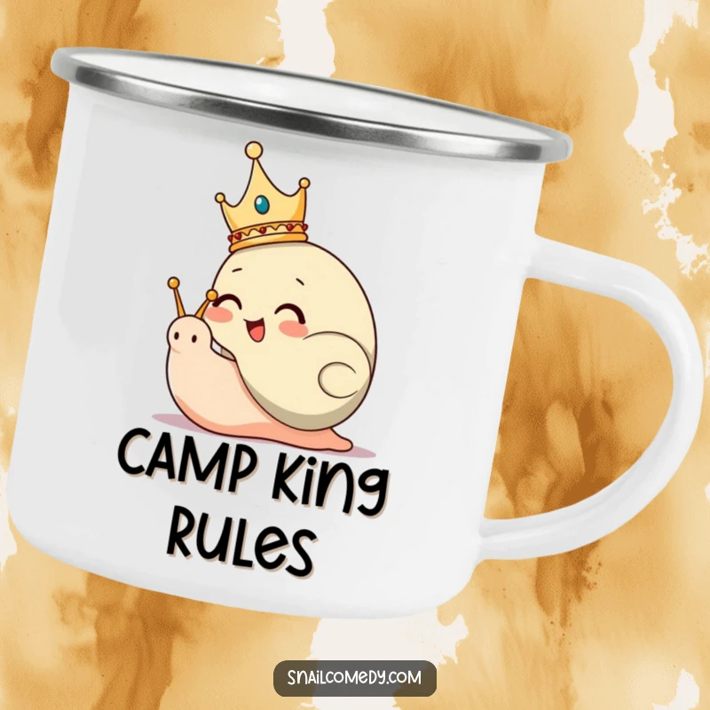 Funny Camping Mug featuring a giggling snail king character wearing a tiny crown, ready for outdoor duty.
