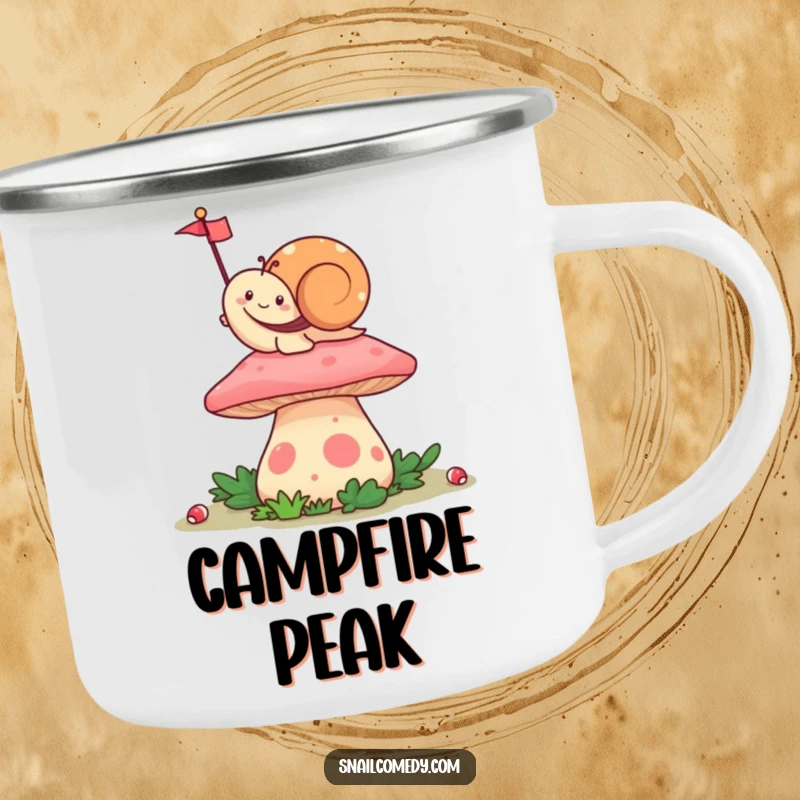 Funny Waving Kawaii Snail Camping Mug, happily waving a tiny flag from atop a mushroom, durable for outdoor fun and humorous enjoyment.