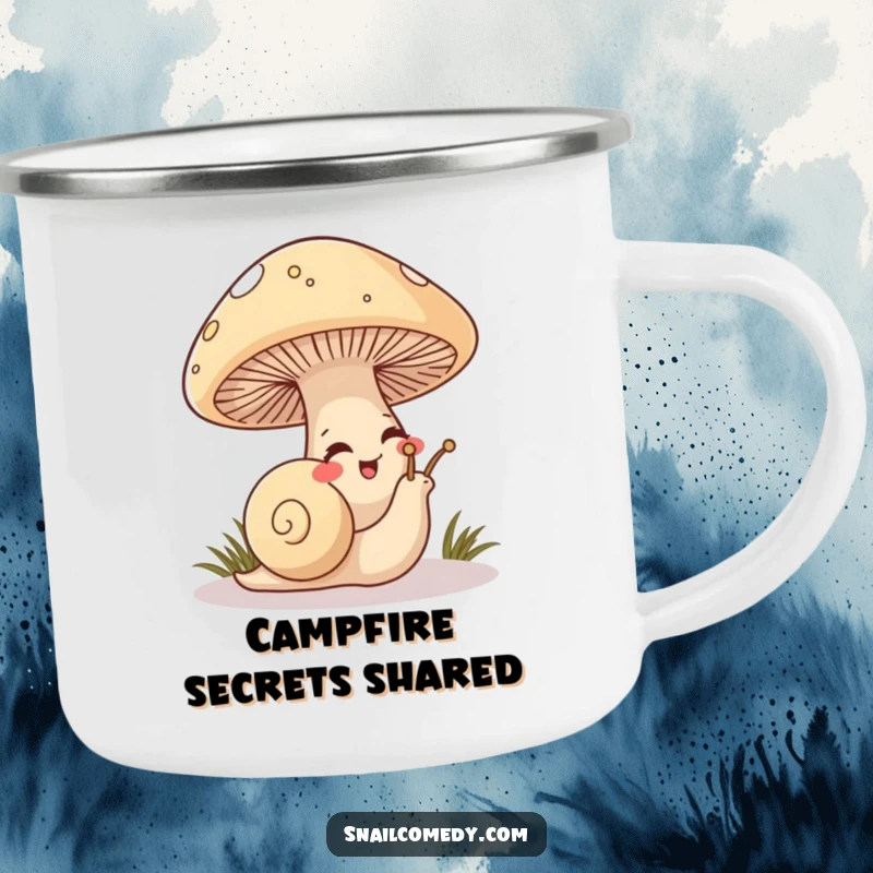 Funny Snail Camping Mug with a mischievous snail peeking from under a mushroom, giggling, perfect for outdoor drinks.