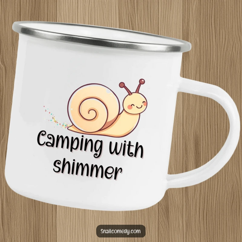 Cute kawaii snail leaving a shimmering glitter trail on a durable camping mug for outdoor enchantment.
