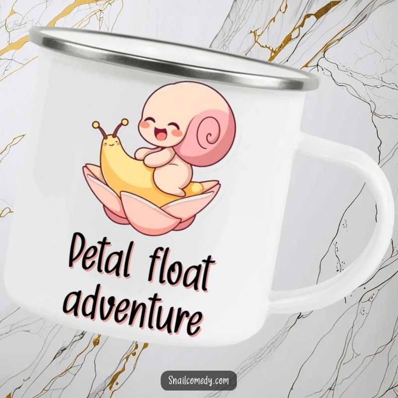 Funny, durable camping mug with a snail giggling while riding a floating petal. Perfect for outdoor fun.