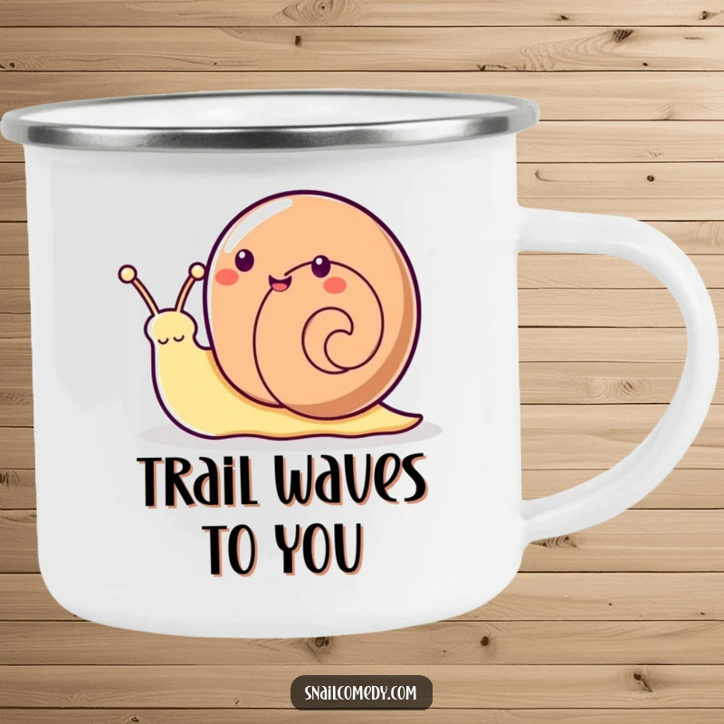 Funny Kawaii snail waving with its antennae on a durable camping mug, ready for adventure.