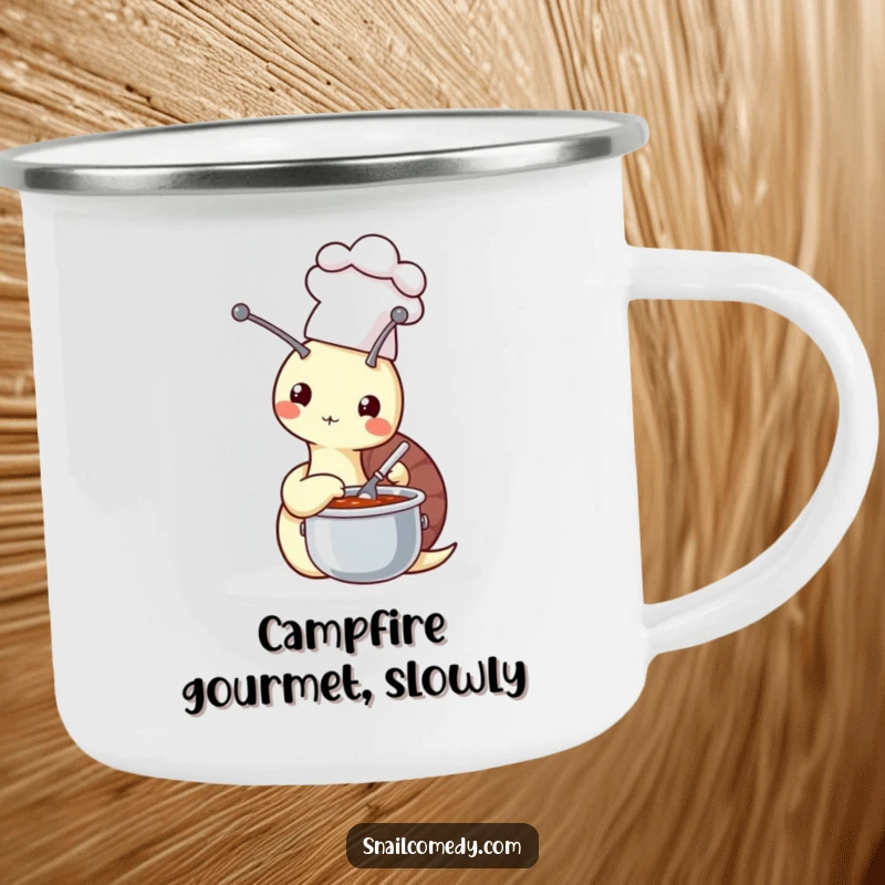 Funny snail chef stirring soup on a rugged camping mug, perfect for outdoor cooking and humor, a superb funny gift.