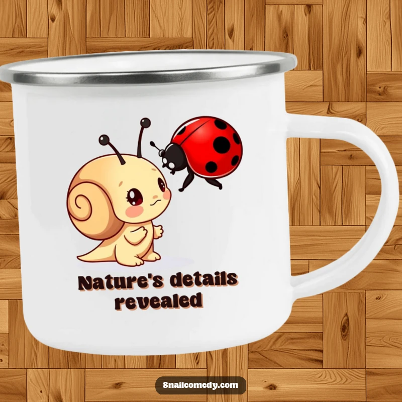 Funny camping mug with a curious snail character examining a ladybug with wonder, perfect for enjoying drinks outdoors.