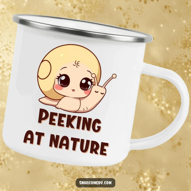 Funny snail camping mug showcasing a curious snail peeking out from its shell, perfect for outdoor enthusiasts.